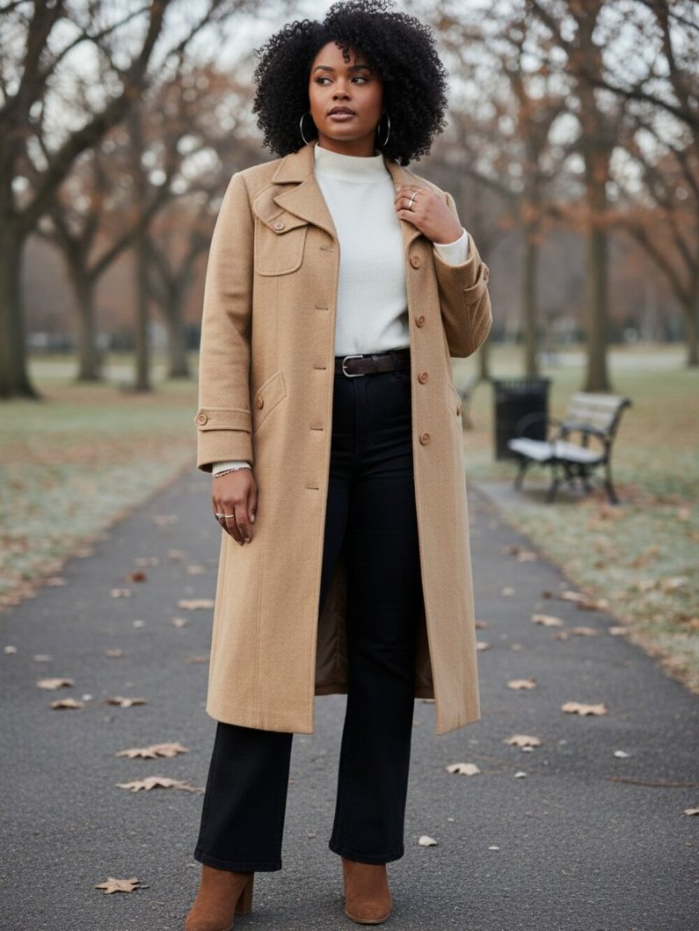 VIEW‎ Womens Camel Belted Long Coat Wide Lapel Button Front Retro Style
